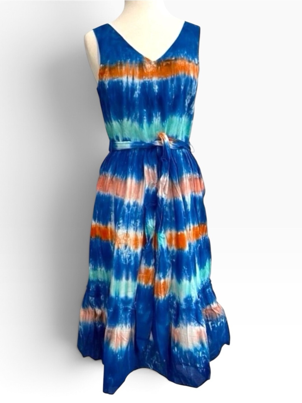 Hatley Sydney Tie Dye Midi Dress Blue Cotton Resort Cruise Vacation Size L NWOT